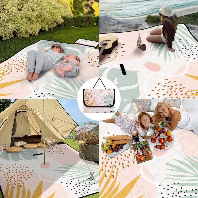BEW Picnic Blankets,79''x79'' Extra Large Sandproof Waterproof Beach Blanket,Foldable Portable 3-Layer Polyester Outdoor Picnic Blanket for Grass Lawn,Beach,Family Camping,Park,Travel-Tropical Leaves - Image 4
